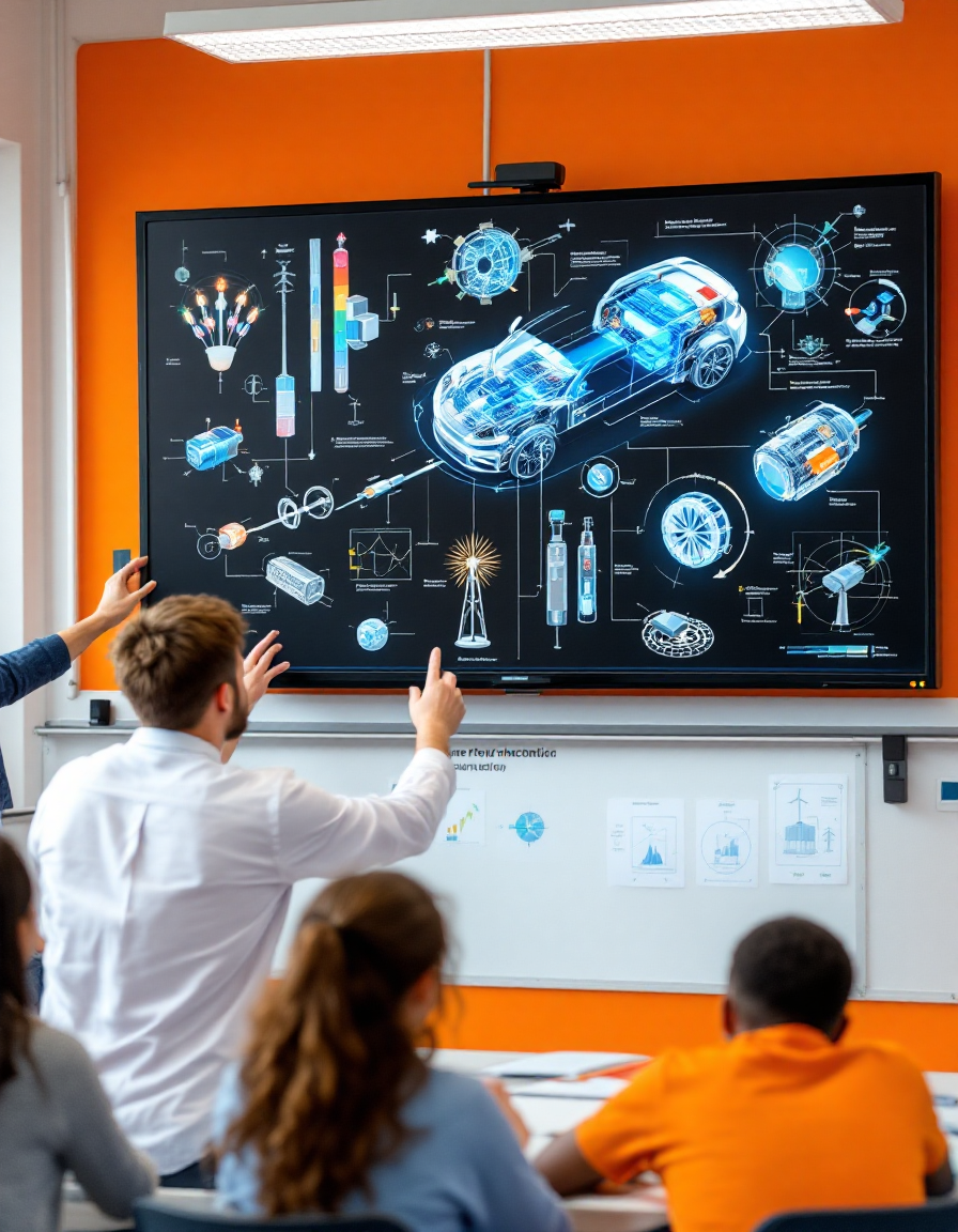 Clase de física con componentes de vehículos eléctricos